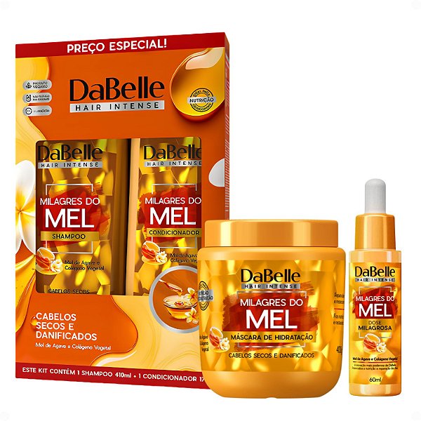 Kit DaBelle Milagres Do Mel: Shampoo 410ml e Condicionador 175ml + Máscara De Hidratação 400g + Dose Milagrosa 60 ml