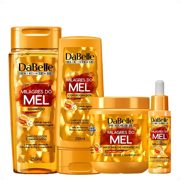 Kit DaBelle Milagres Do Mel: Shampoo 250ml e Condicionador 200ml + Máscara De Hidratação 400g + Dose Milagrosa 60 ml