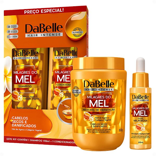 Kit DaBelle Milagres Do Mel: Shampoo 410ml e Condicionador 175ml + Máscara De Hidratação 800g + Dose Milagrosa 60 ml