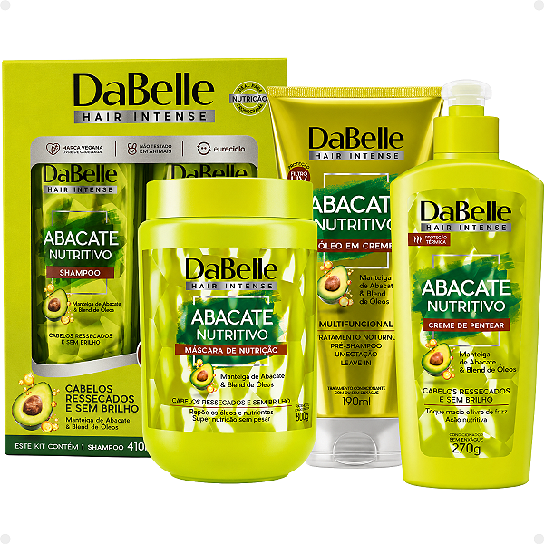 Kit DaBelle Abacate Nutritivo: Shampoo 410ml e Condicionador 175ml+ Máscara de Nutrição 800g, Óleo em Creme 190ml,Creme de Pentear 270g