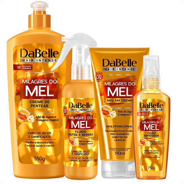 Kit DaBelle Milagres Do Mel: Creme de Pentear 550g, Mel Em Creme 190ml, Fluido Reparador 180ml e Óleo Reparador 75ml
