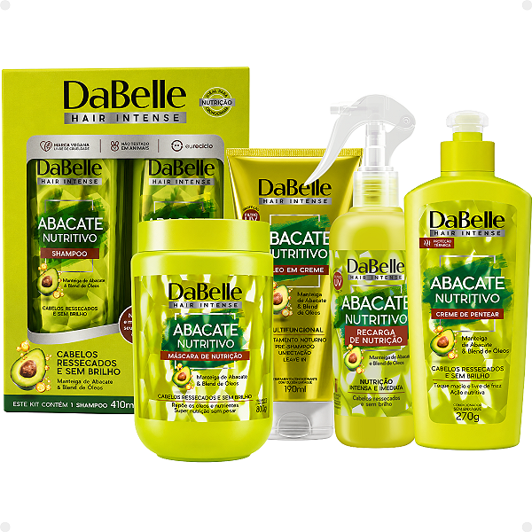 Kit DaBelle Abacate Nutritivo: Shampoo 410ml e Condicionador 175ml+ Máscara de Nutrição 800g, Óleo em Creme 190ml, Recarga de Nutrição 180ml, Creme de Pentear 270g