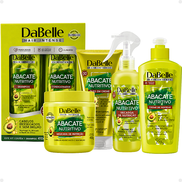 Kit DaBelle Abacate Nutritivo: Shampoo 410ml e Condicionador 175ml+ Máscara de Nutrição 400g, Óleo em Creme 190ml, Recarga de Nutrição 180ml, Creme de Pentear 270g