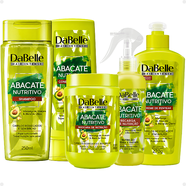Kit DaBelle Abacate Nutritivo: Shampoo 250ml, Condicionador 200ml, Máscara de Nutrição 800g, Recarga 180ml e Creme de Pentear 270g