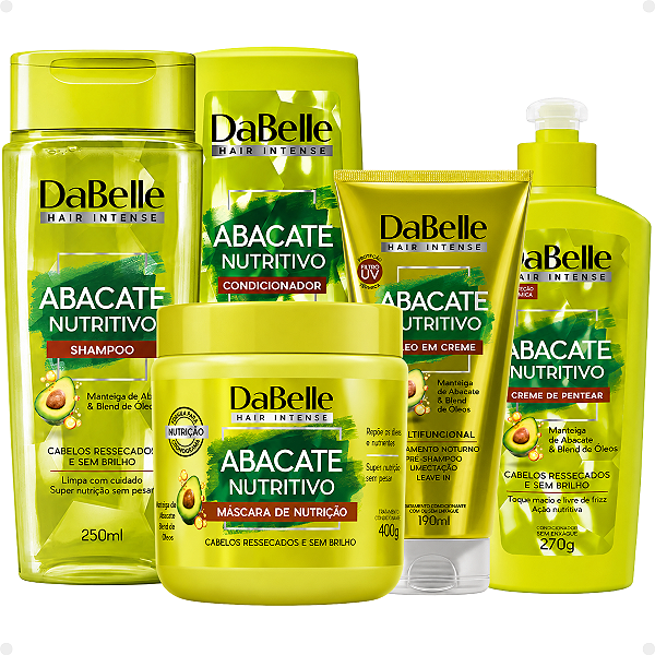 Kit DaBelle Abacate Nutritivo: Shampoo 250ml e Condicionador 200ml+ Máscara 400g, Óleo em Creme, Creme de Pentear