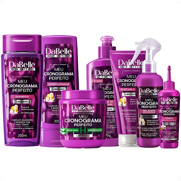 Kit DaBelle Meu Cronograma Perfeito: Shampoo 250ml e Condicionador 200ml + Máscara de Hidratação, Creme de Pentear, Óleo em Creme, Selante, Tônico