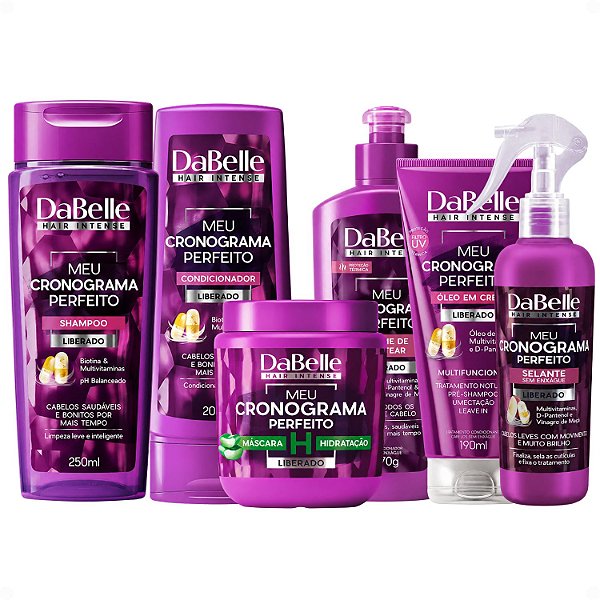 Kit DaBelle Meu Cronograma Perfeito: Shampoo 250ml e Condicionador 200ml + Máscara de Hidratação, Creme de Pentear, Óleo em Creme, Selante