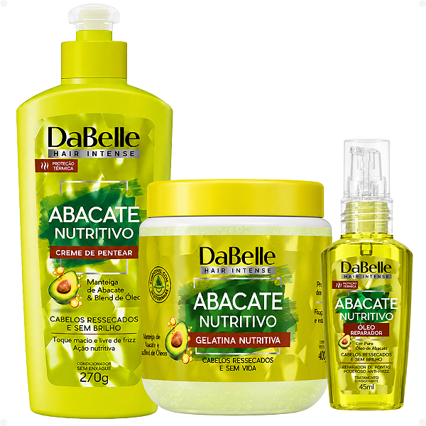 Kit DaBelle Abacate Nutritivo: Creme de Pentear 270g, Gelatina 400g e Óleo Reparador 45ml