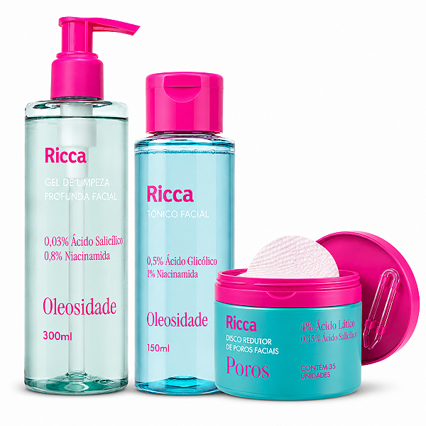 Kit Ricca Facial: Gel De Limpeza Profunda,Tônico Facial e Disco Redutor de Poros Faciais