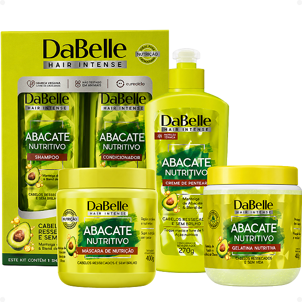 Kit DaBelle Abacate Nutritivo: Shampoo 410ml e Condicionador 175ml+ Máscara 400g, Creme de Pentear 270g, Gelatina 400g