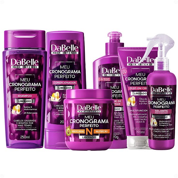 Kit DaBelle Meu Cronograma Perfeito: Shampoo 250ml e Condicionador 200ml + Máscara de Nutrição, Creme de Pentear, Óleo em Creme, Selante
