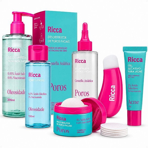Kit Ricca Facial: Gel De Limpeza Profunda, Desobstrutor de Poros, Tônico, Disco e Gel Secativo