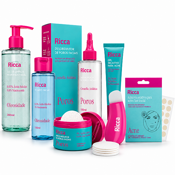 Kit Ricca Facial: Gel De Limpeza Profunda, Desobstrutor de Poros, Tônico, Disco e Gel Secativo + Mimo