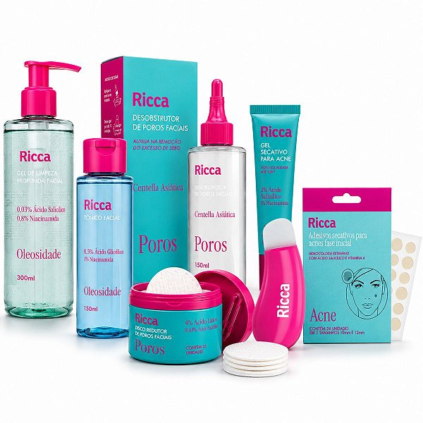 Kit Ricca Facial: Gel De Limpeza Profunda, Desobstrutor de Poros, Tônico, Disco e Gel Secativo + Mimo