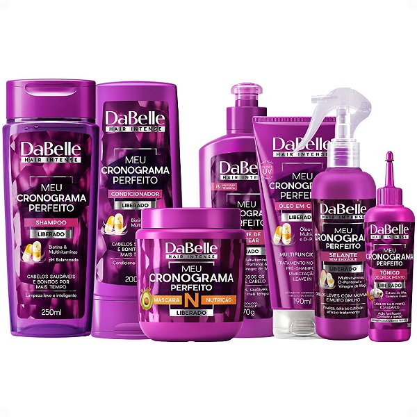 Kit DaBelle Meu Cronograma Perfeito: Shampoo 250ml e Condicionador 200ml + Máscara de Nutrição, Creme de Pentear, Óleo em Creme, Selante, Tônico