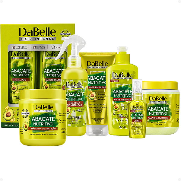 Kit DaBelle Abacate Nutritivo: Shampoo 410ml e Condicionador 175ml+ Máscara 400g, Creme de Pentear 270g, Gelatina 400g, Óleo Reparador 45ml