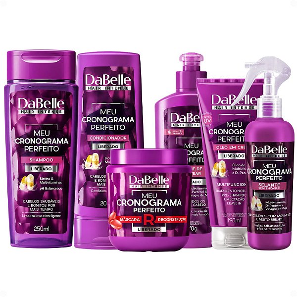 Kit DaBelle Meu Cronograma Perfeito: Shampoo 250ml e Condicionador 200ml + Máscara de Reconstrução, Creme de Pentear, Óleo em Creme, Selante