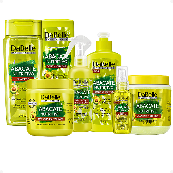 Kit DaBelle Abacate Nutritivo: Shampoo 250ml, Condicionador 200ml,Recarga, Máscara 400g, Creme de Pentear 270g, Gelatina 400g e Óleo Reparador 45ml