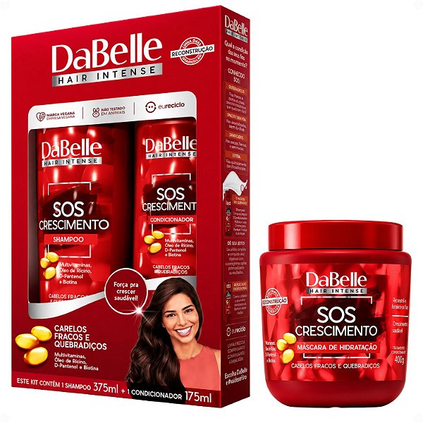 Kit DaBelle Sos Crescimento: Shampoo 375ml e Condicionador 175ml + Máscara de Hidratação