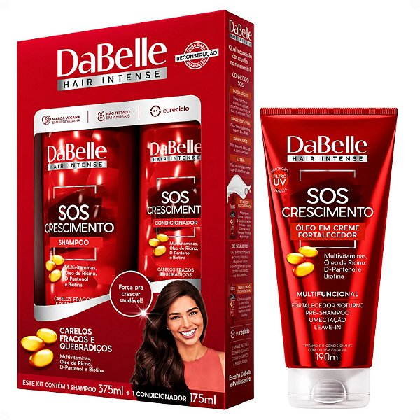 Kit DaBelle Sos Crescimento: Shampoo 375ml e Condicionador 175ml + Óleo em Creme Fortalecedor