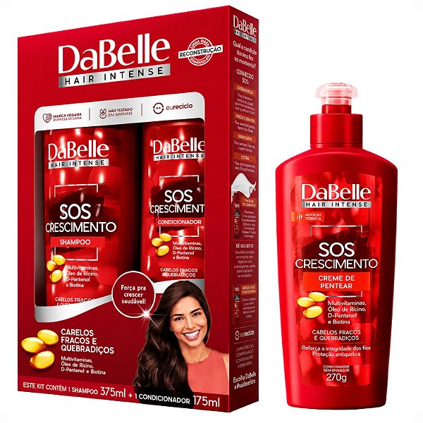 Kit DaBelle Sos Crescimento: Shampoo 375ml e Condicionador 175ml + Creme de Pentear