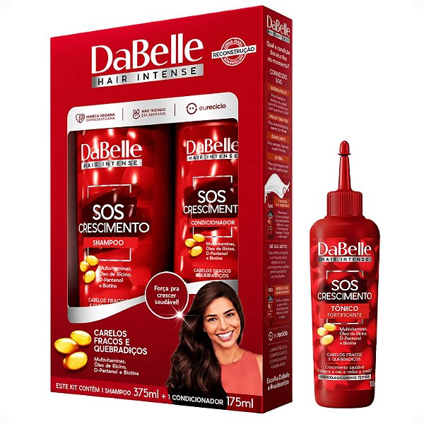 Kit DaBelle Sos Crescimento: Shampoo 375ml e Condicionador 175ml + Tônico Fortificante