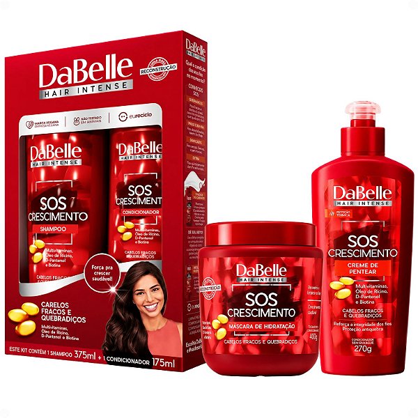 Kit DaBelle Sos Crescimento: Shampoo 375ml e Condicionador 175ml + Máscara de Hidratação 400g, Creme de Pentear