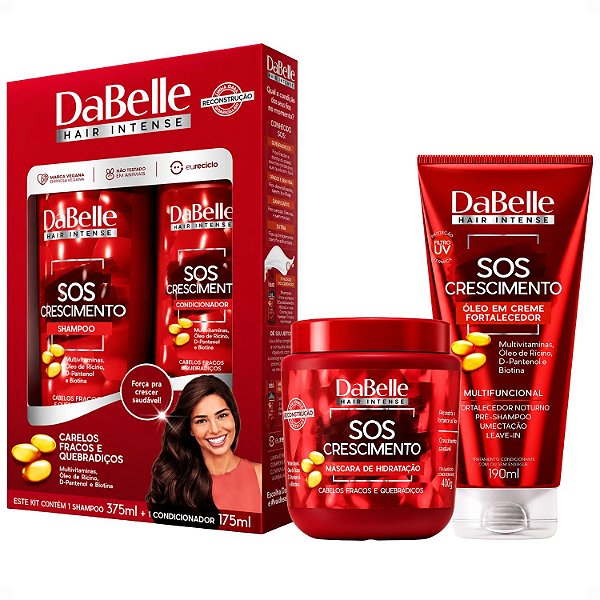 Kit DaBelle Sos Crescimento: Shampoo 375ml e Condicionador 175ml + Máscara de Hidratação 400g, Óleo em Creme