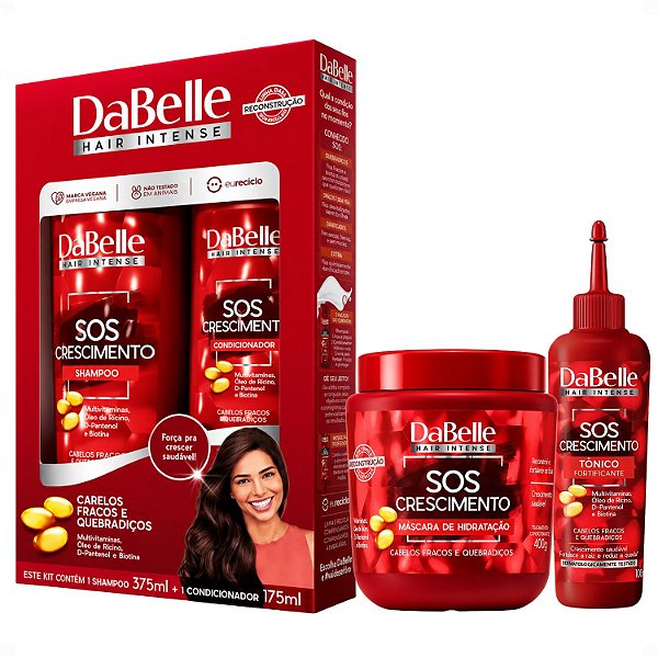 Kit DaBelle Sos Crescimento: Shampoo 375ml e Condicionador 175ml + Máscara de Hidratação, Tônico Fortificante