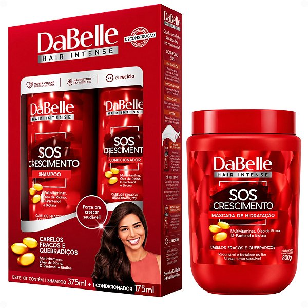 Kit DaBelle Sos Crescimento: Shampoo 375ml e Condicionador 175ml + Máscara de Hidratação 800g