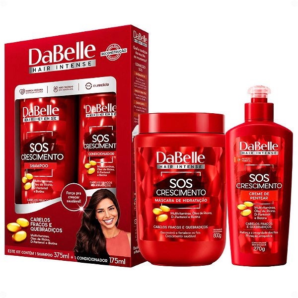 Kit DaBelle Sos Crescimento: Shampoo 375ml e Condicionador 175ml + Máscara de Hidratação 800g, Creme de Pentear