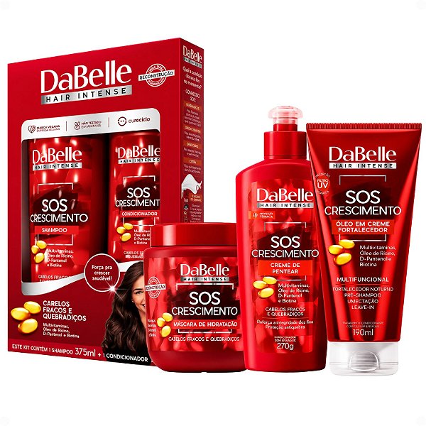 Kit DaBelle Sos Crescimento: Shampoo 375ml e Condicionador 175ml + Máscara de Hidratação 400g, Creme de Pentear, Óleo em Creme