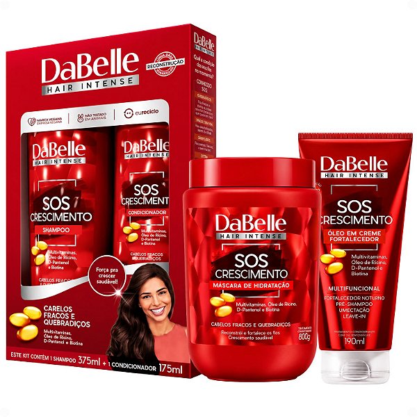Kit DaBelle Sos Crescimento: Shampoo 375ml e Condicionador 175ml + Máscara de Hidratação 800g, Óleo em Creme