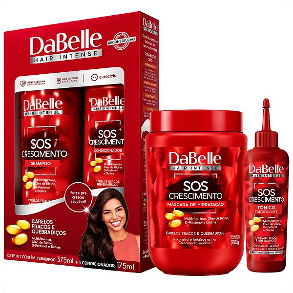 Kit DaBelle Sos Crescimento: Shampoo 375ml e Condicionador 175ml + Máscara de Hidratação 800g, Tônico