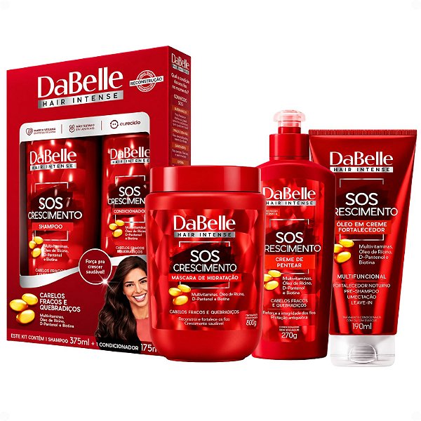 Kit DaBelle Sos Crescimento: Shampoo 375ml e Condicionador 175ml + Máscara de Hidratação 800g, Creme de Pentear, Óleo em Creme