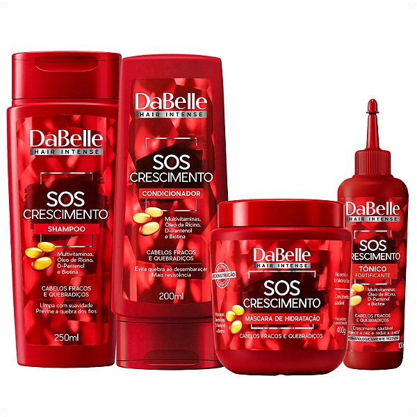 Kit DaBelle Sos Crescimento: Shampoo 250ml e Condicionador 200ml + Máscara de Hidratação 400g, Tônico Fortificante