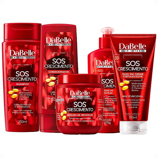 Kit DaBelle Sos Crescimento: Shampoo 250ml e Condicionador 200ml + Máscara de Hidratação 400g, Creme de Pentear, Óleo em Creme