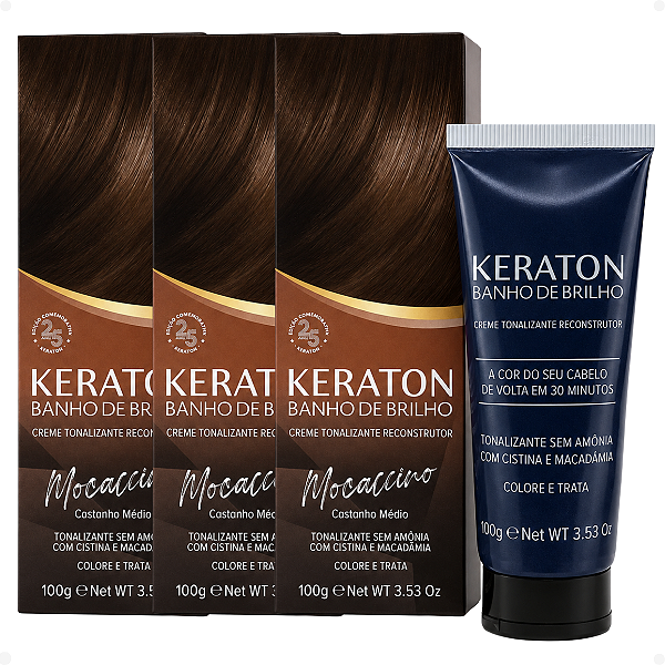 Kit Kert Keraton: 3 Tonalizantes Banho de Brilho Vegan Mocaccino Castanho Médio 100g