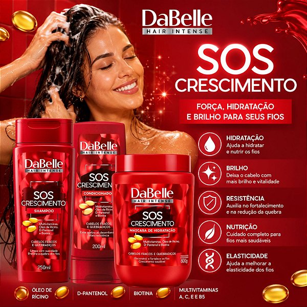 Kit DaBelle Sos Crescimento: Shampoo 250ml e Condicionador 200ml + Máscara de Hidratação 800g