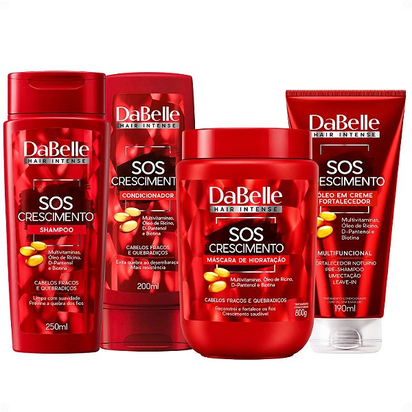 Kit DaBelle Sos Crescimento: Shampoo 250ml e Condicionador 200ml + Máscara de Hidratação 800g, Óleo em Creme