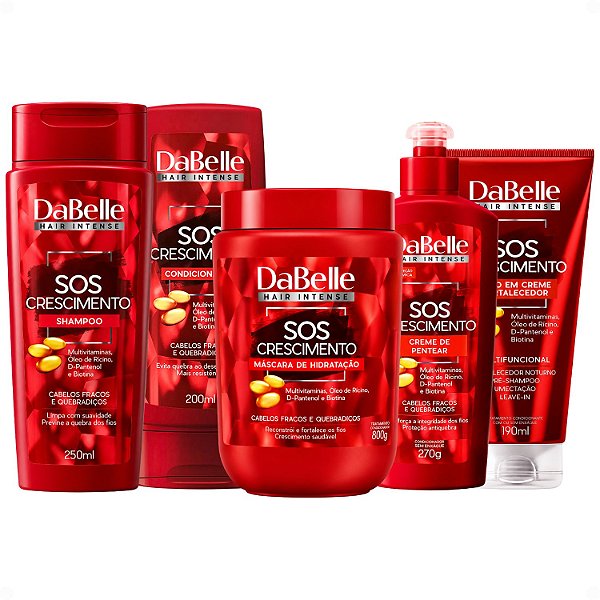Kit DaBelle Sos Crescimento: Shampoo 250ml e Condicionador 200ml + Máscara de Hidratação 800g, Creme de Pentear, Óleo em Creme