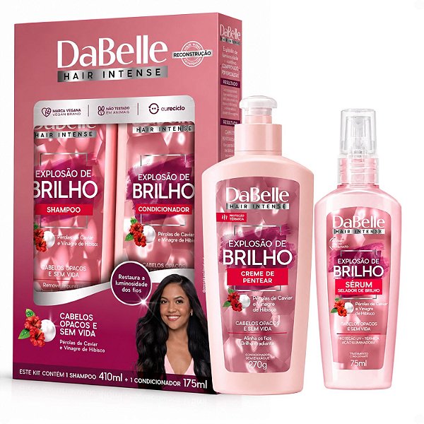 Kit DaBelle Explosão De Brilho: Shampoo 410ml e Condicionador 175ml + Creme de Pentear, Sérum Selador