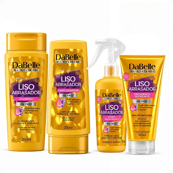 Kit DaBelle Liso Arrasador: Shampoo 250ml e Condicionador 200ml + Fluido Disciplinante, Tratamento Defrizante