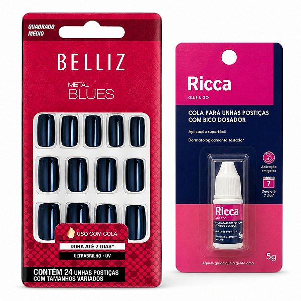 Kit Belliz: Unhas Postiças Quadrado Curto Metal Blues e Cola De Unhas Ricca 5g