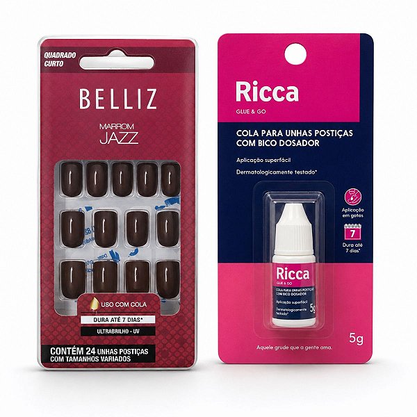 Kit Belliz: Unhas Postiças Quadrado Curto Marrom Jazz e Cola De Unhas Ricca 5g
