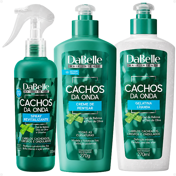 Kit DaBelle Cachos Da Onda: Creme de Pentear 270g, Gelatina Líquida 270ml e Spray Revitalizante 200ml