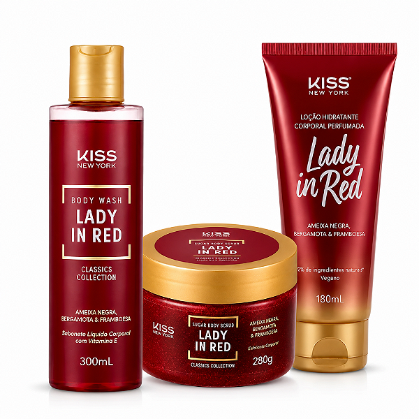 Kit Kiss New York Lady In Red:Sabonete Líquido 300ml, Esfoliante 280g e Loção hidratante 180ml