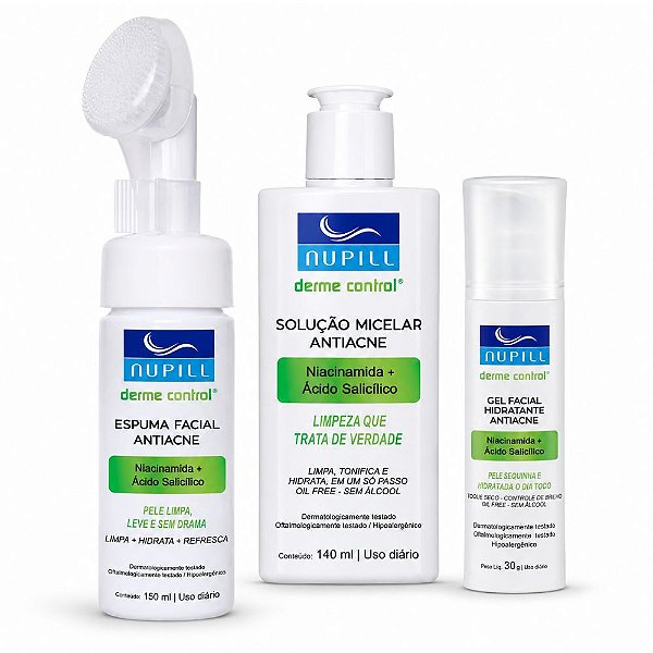 Kit Nupill Derme Control Antiacne: Espuma Facial 150ml, Solução Micelar 140ml e Gel Facial 30g