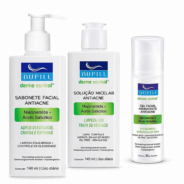 Kit Nupill Derme Control Antiacne: Sabonete Facial 140ml, Solução Micelar 140ml e Gel Facial 30g