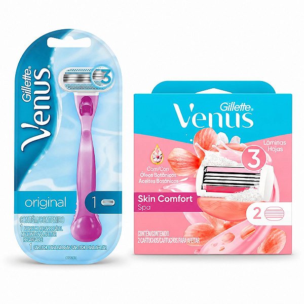 Kit Gillette E Recarga Venus: Aparelho Recarregável + Cartuchos Skin Confort Com 2 Unidades